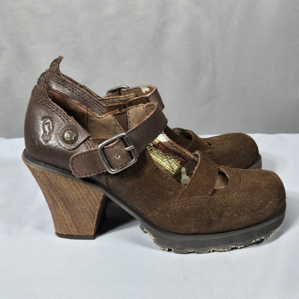 London Underground Mary Jane Heels Womens 6.5 Brown Suede Leather Platform Lug